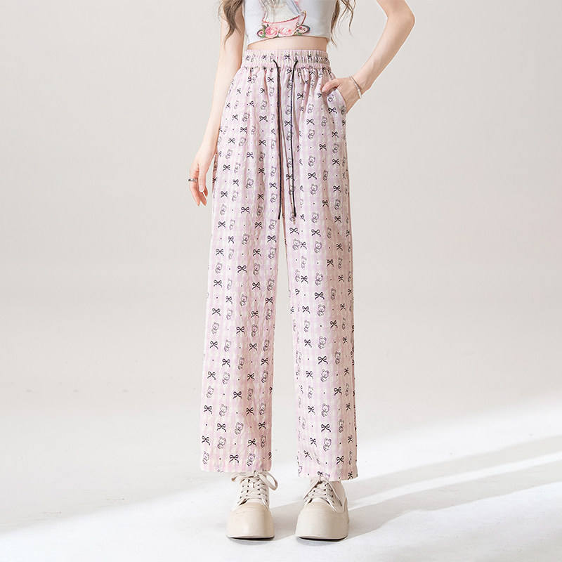 粉色蝴蝶结印花卡通小熊格子休闲裤女夏季薄款宽松直筒阔腿九分裤