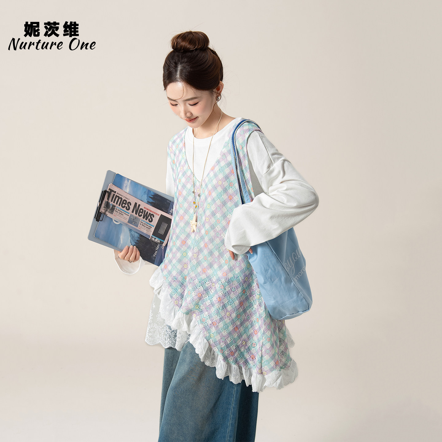 妮茨维【甜氧马甲】紫色格子背心女春日穿搭不对称拼接下摆短上衣