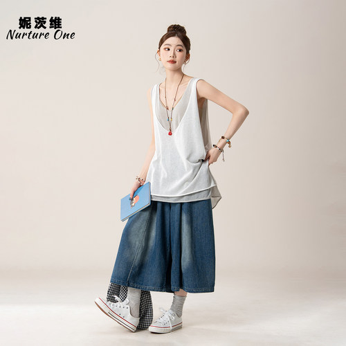 假两件松弛感微透背心牛仔中裤女
