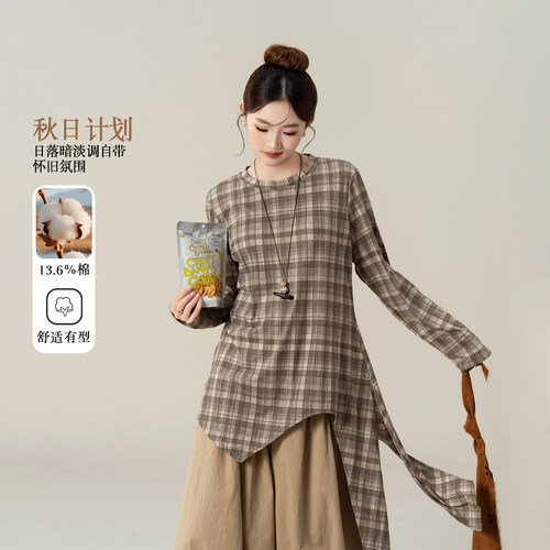 不规则格纹飘带长袖T恤女打底衫