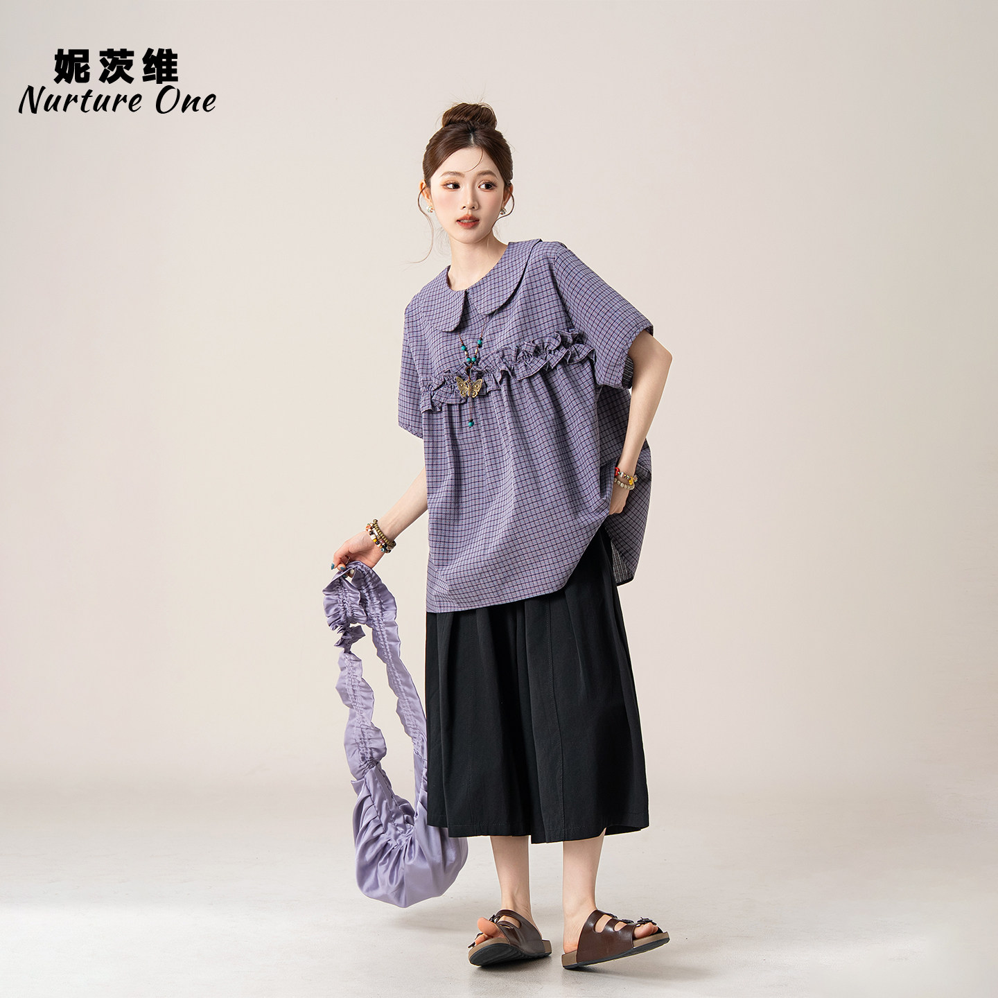 妮茨维【柔紫闲逸】木耳边格子短袖衬衫女小众设计穿搭七分裤套装