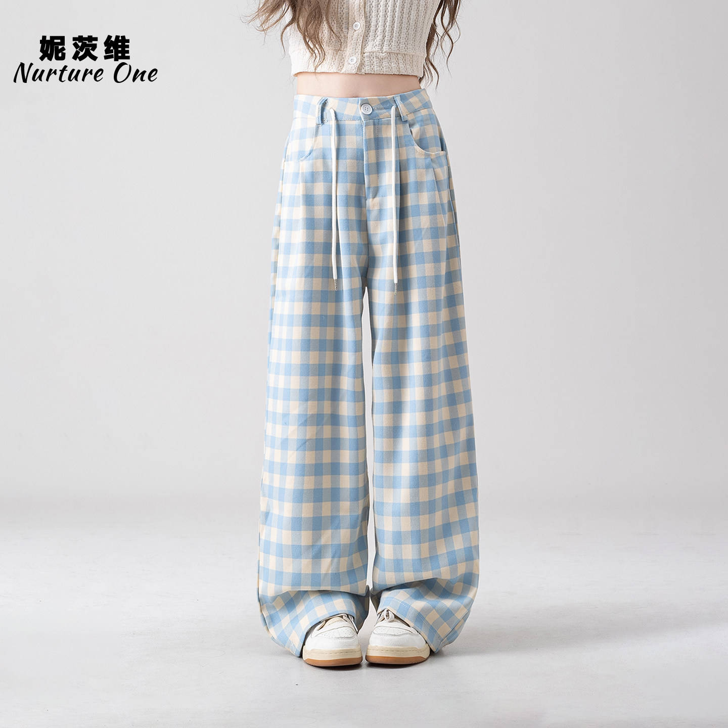 蓝色多巴胺休闲格子裤女春季新款高腰显瘦慵懒风宽松直筒阔腿裤子,女装/女士精品,休闲裤,淘宝优惠券,粉丝福利购,淘宝优惠卷