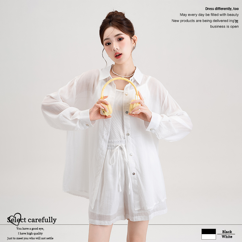 白色防晒衬衫薄款外套吊带短裤女
