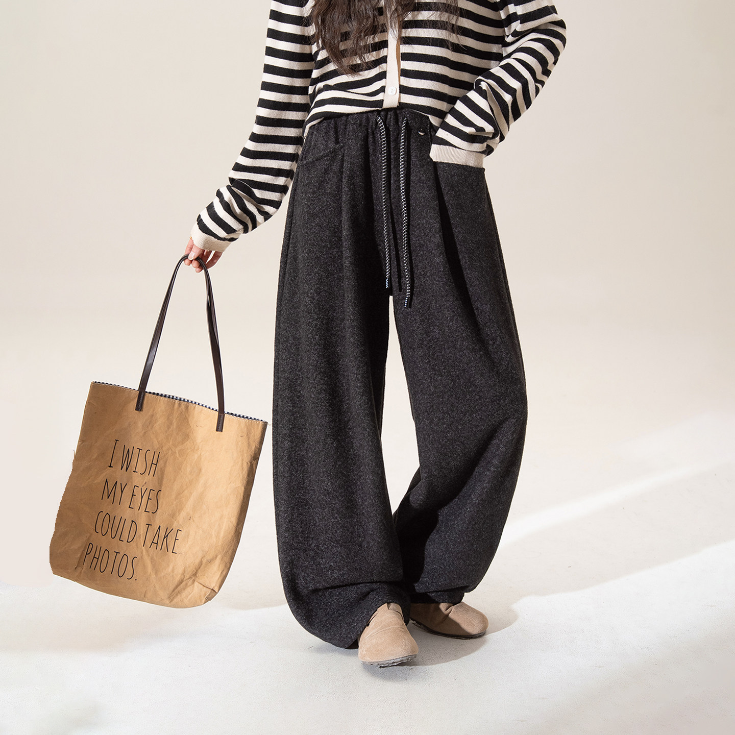 深灰色韩系抽绳毛呢阔腿休闲裤女冬季新款加绒加厚宽松直筒长裤子,女装/女士精品,休闲裤,淘宝优惠券,粉丝福利购,淘宝优惠卷