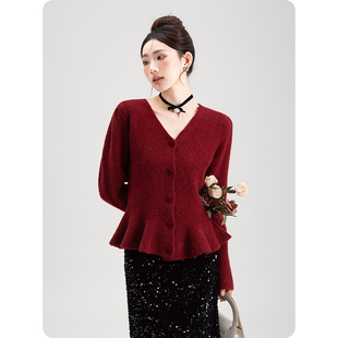 小香风红色毛衣针织开衫女秋冬2026新款立体玫瑰花扣收腰鱼尾上衣