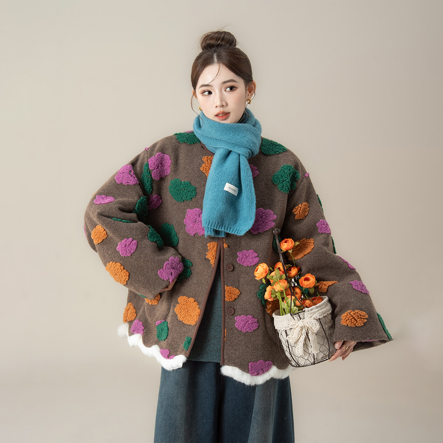 咖色立体花朵加厚毛呢外套女冬季新款花边单排扣宽松休闲保暖上衣,女装/女士精品,短外套,淘宝优惠券,粉丝福利购,淘宝优惠卷