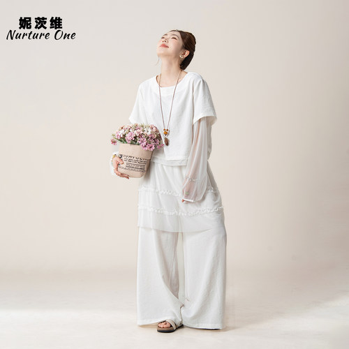 网纱拼接微透T恤屁帘阔腿裤套装