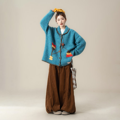 蓝色日系复古提花毛衣开衫女外套