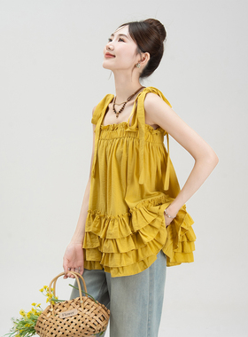 黄色荷叶边度假吊带背心女夏季新款韩系甜美绑带宽松显瘦无袖上衣