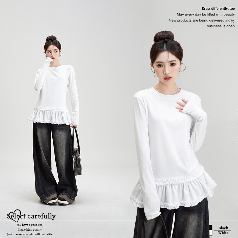 白色芭蕾风拼接长袖T恤春季新款女装修身内搭打底衫花边下摆上衣,女装/女士精品,T恤,淘宝优惠券,粉丝福利购,淘宝优惠卷