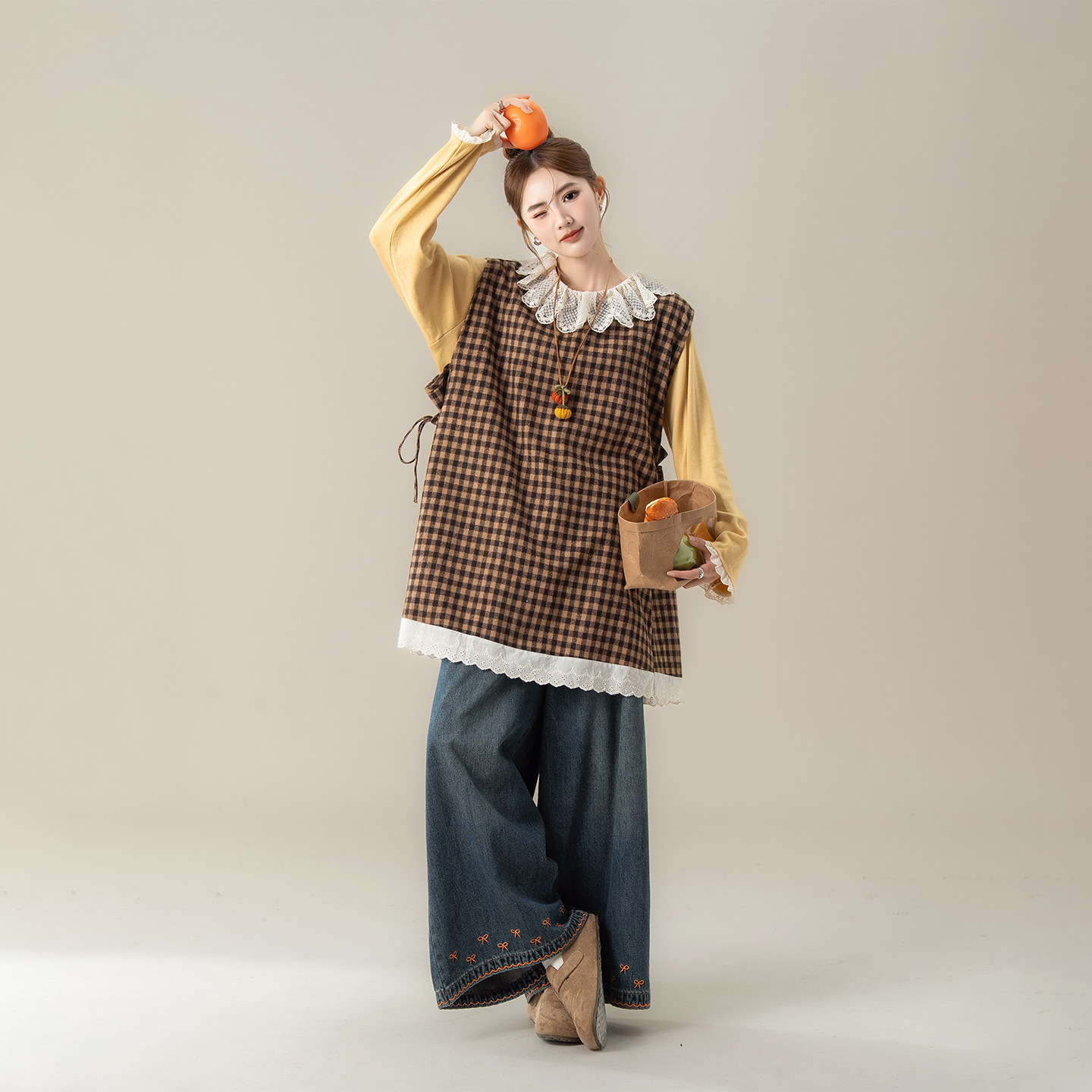 咖色复古格子马甲背心女春季新款蕾丝花边拼接宽松显瘦中长款上衣,女装/女士精品,背心吊带,淘宝优惠券,粉丝福利购,淘宝优惠卷