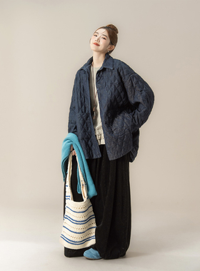 蓝色菱格拼接牛仔棉服女冬季新款单排扣宽松显瘦休闲夹克外套上衣