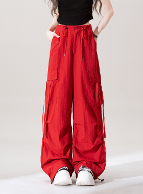 红色多口袋速干工装裤女夏季薄款飘带束脚宽松阔腿休闲运动长裤子