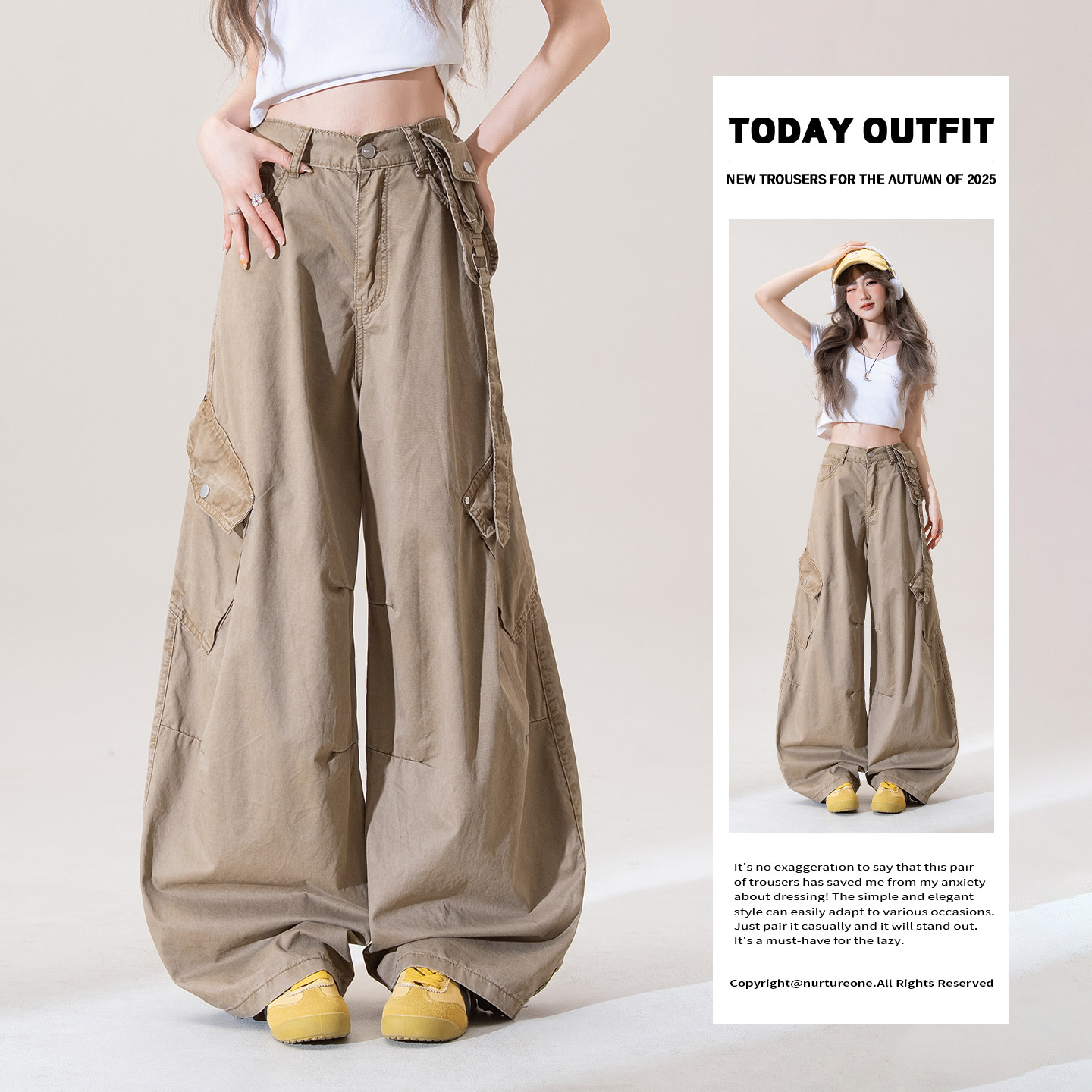 卡其色美式复古小个子工装阔腿裤女春季新款宽松显瘦直筒镰刀裤子,女装/女士精品,休闲裤,淘宝优惠券,粉丝福利购,淘宝优惠卷