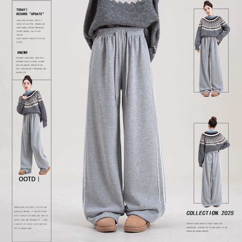 浅灰色条纹蕾丝边加绒休闲卫裤女冬季新款松紧腰运动风束脚阔腿裤,女装/女士精品,卫裤,淘宝优惠券,粉丝福利购,淘宝优惠卷