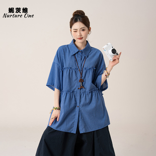 妮茨维【森系蓝格】格纹花边短袖衬衫女古早味穿搭廓形中裤两件套