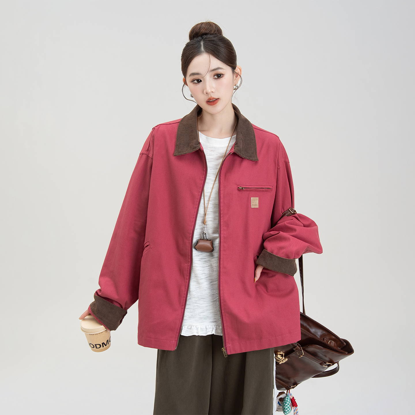 火龙果色美式复古工装夹克外套女