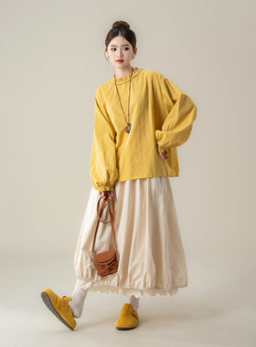 黄色日系复古木耳花边衬衫女秋季新款蕾丝拼接a字花苞半身裙套装