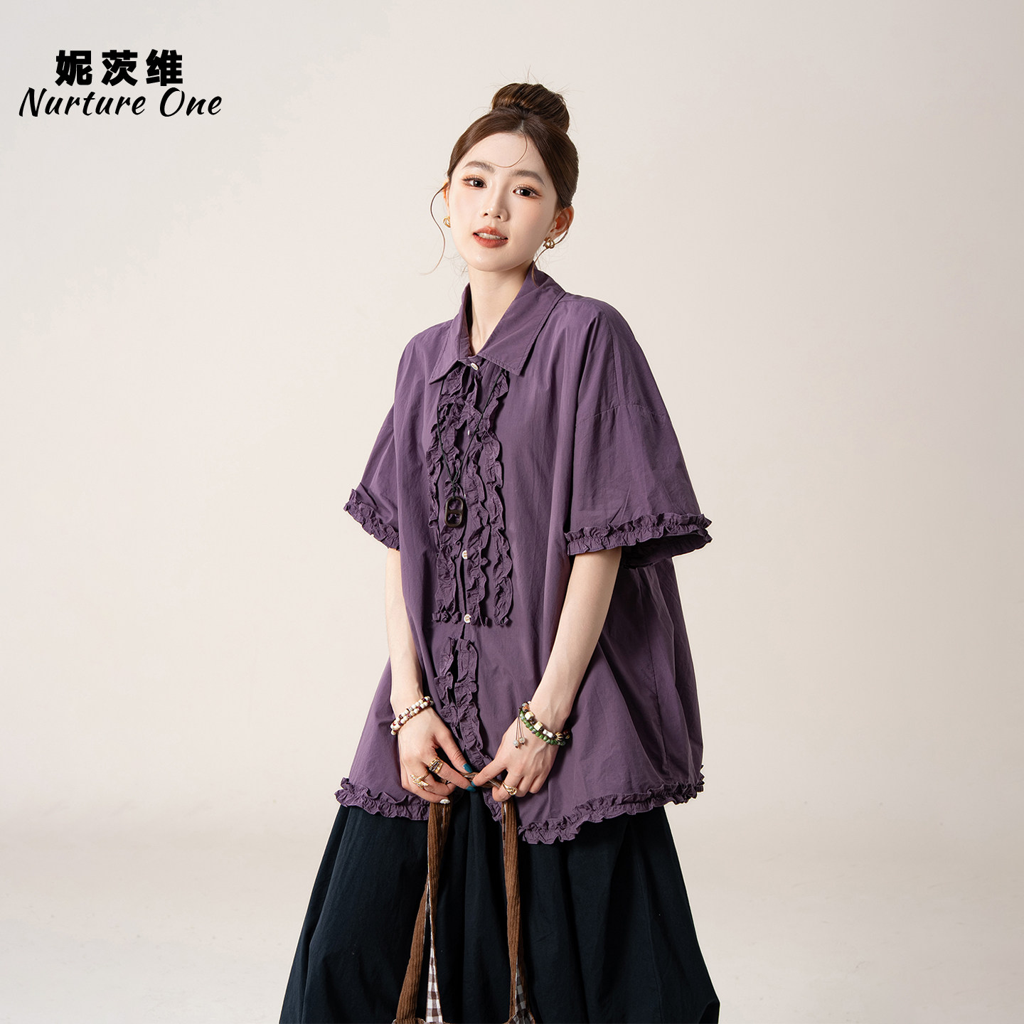 妮茨维【紫韵生柔】木耳花边短袖衬衫女夏日消暑穿搭休闲文艺上衣