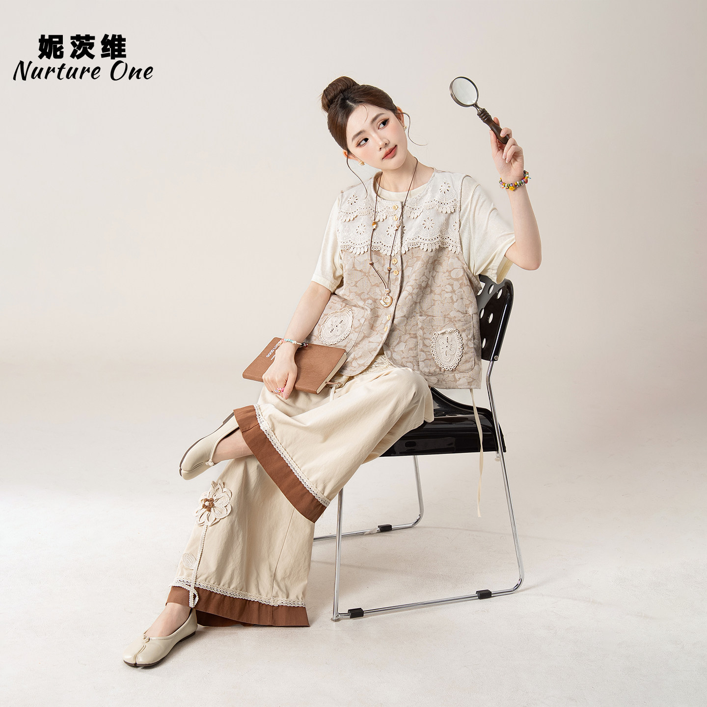 妮茨维【柔雾织花】民族风重工提花刺绣马甲女不费力穿搭T恤长裤