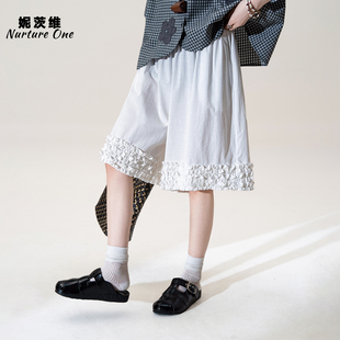 妮茨维【森系文艺】木耳边拼接长款阔腿短裤女不费力穿搭廓形中裤