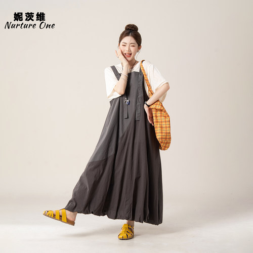 慵懒撞色拼接花苞背带连衣裙女