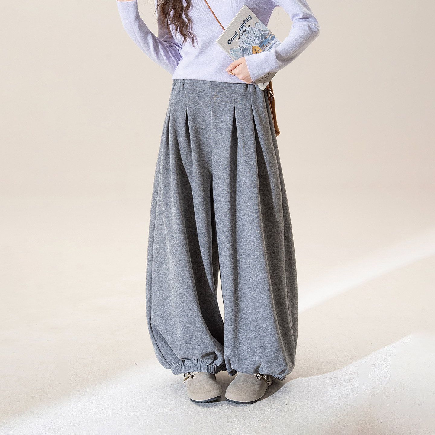 浅灰色松紧腰哈伦阔腿灯笼裤女冬季新款加绒加厚宽松弛感垂感卫裤,女装/女士精品,卫裤,淘宝优惠券,粉丝福利购,淘宝优惠卷