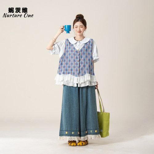 拼接蕾丝马甲短袖衬衫牛仔裤套装