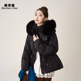 黑色大毛领白鸭绒连帽羽绒服女冬季新款加厚宽松收腰显瘦保暖外套