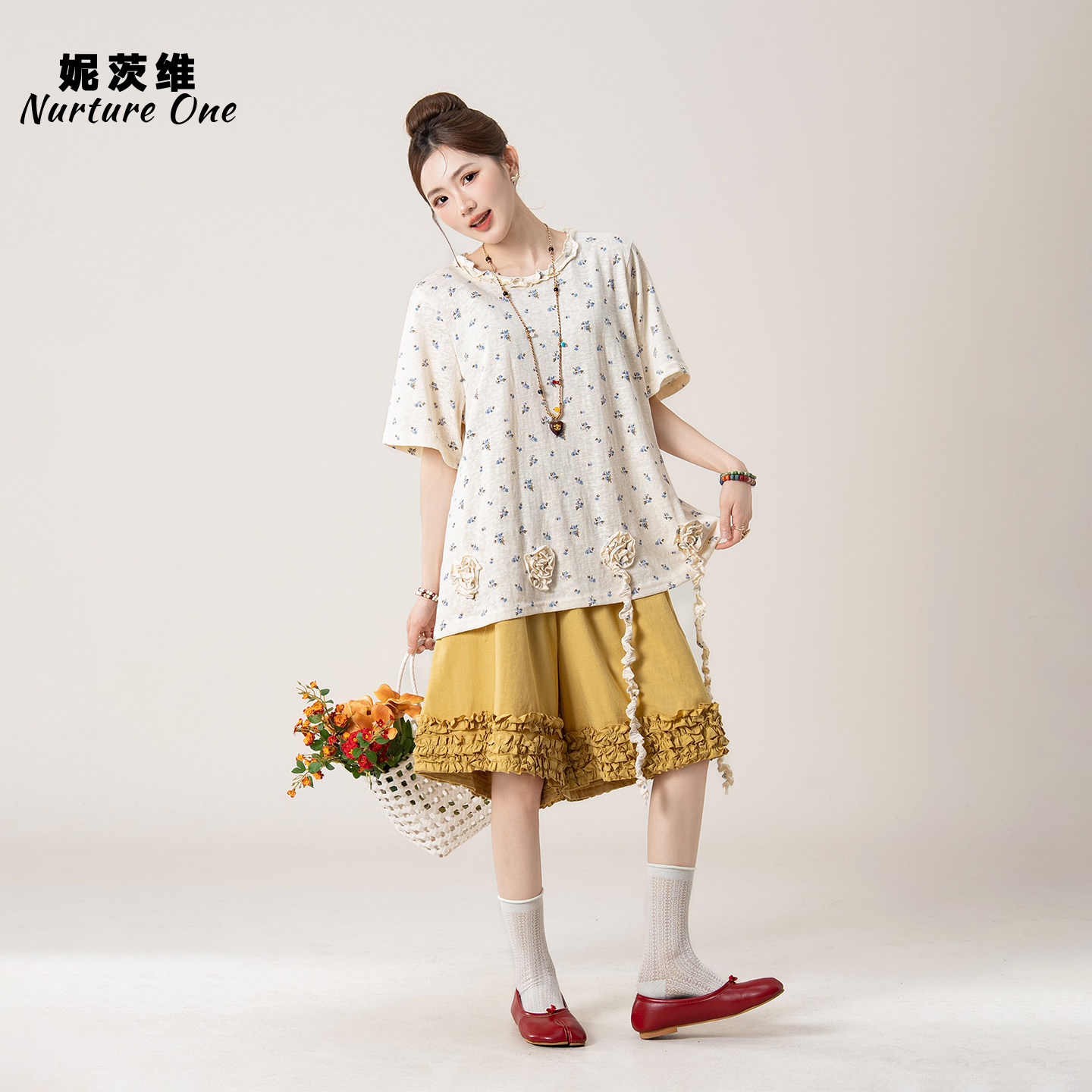 妮茨维【花藤轻语】田园风碎花短袖T恤女不费力穿搭立体花朵上衣