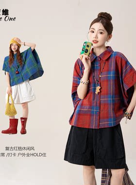 蝙蝠短袖格子衬衫女宽松弛感上衣