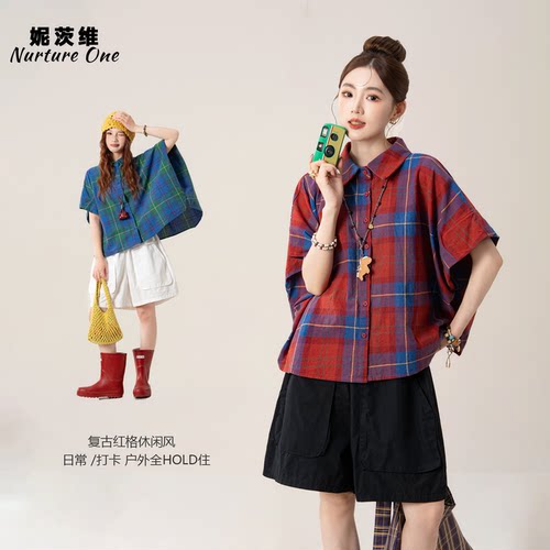蝙蝠短袖格子衬衫女宽松弛感上衣