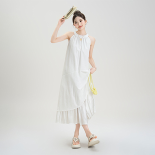 白色无袖 不规则拼接慵懒海边度假长裙子 挂脖连衣裙女夏季 2025新款