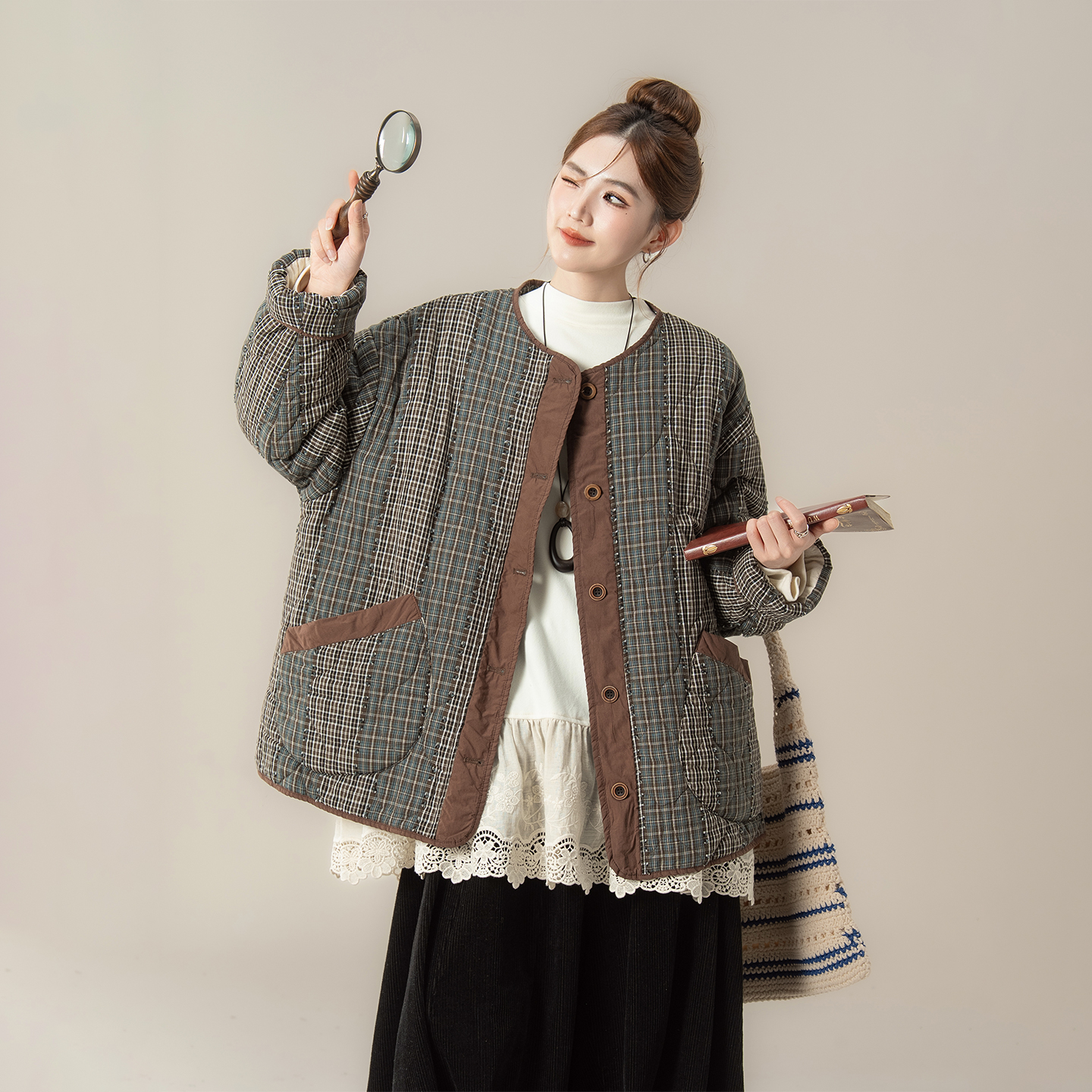 咖色复古格子加厚夹棉外套棉服女