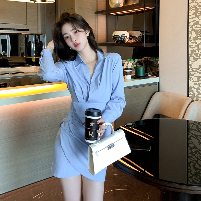 蓝色长袖连衣裙女秋装2023新款气质女神范轻奢高级感法式衬衫裙子