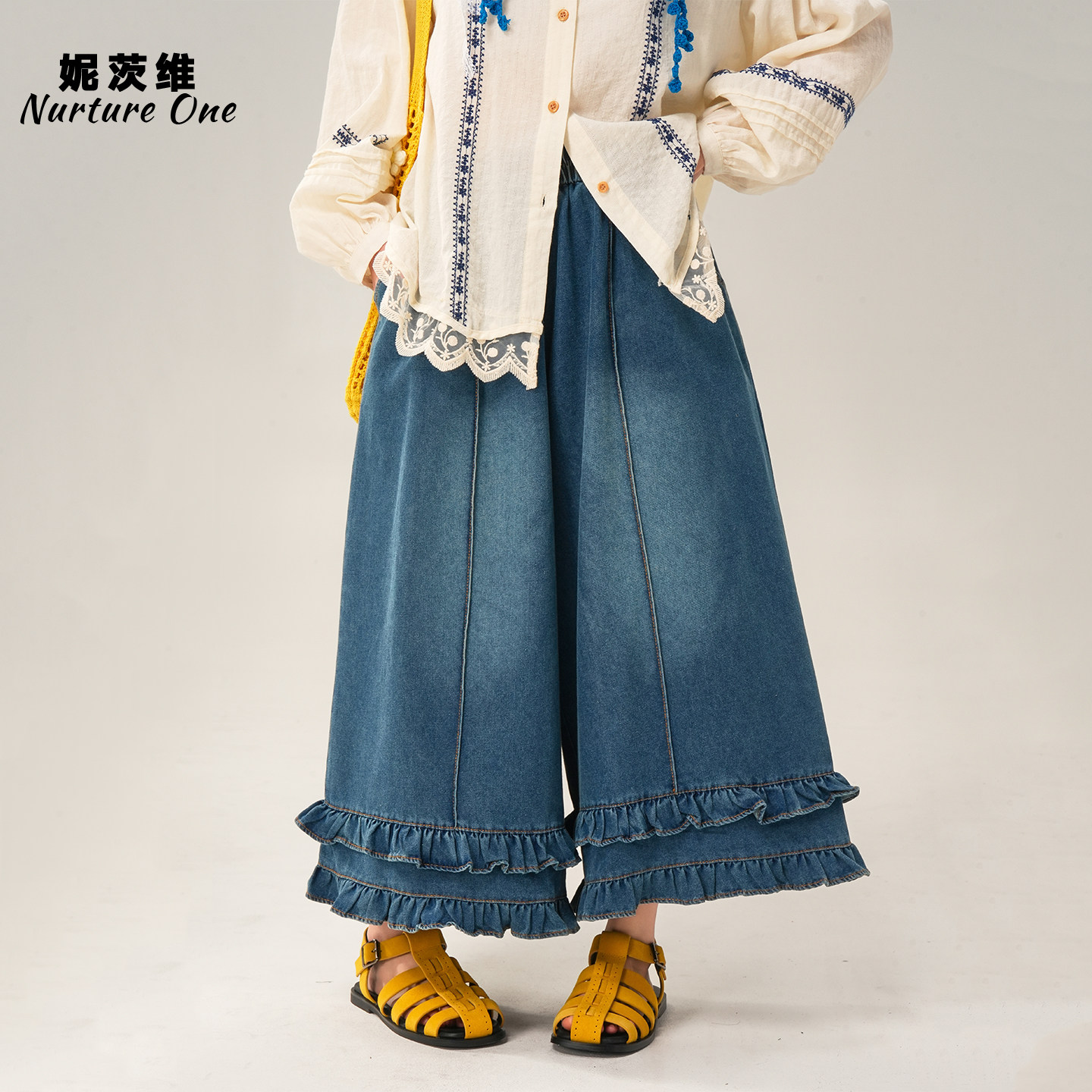 妮茨维【花边出逃】复古蓝色木耳阔腿裤女森系穿搭直筒九分牛仔裤