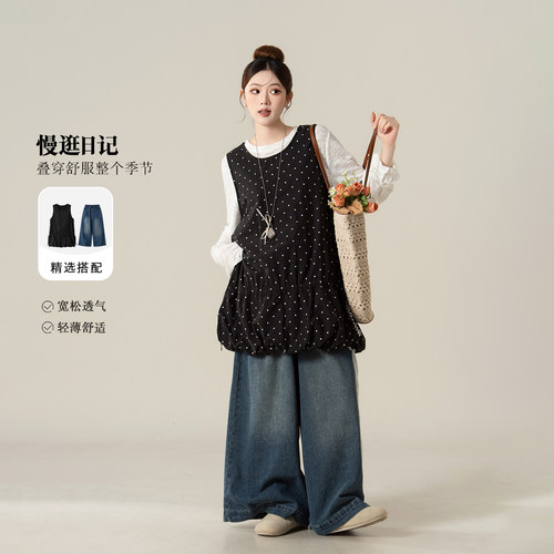 黑色波点花苞背心裙牛仔裤套装