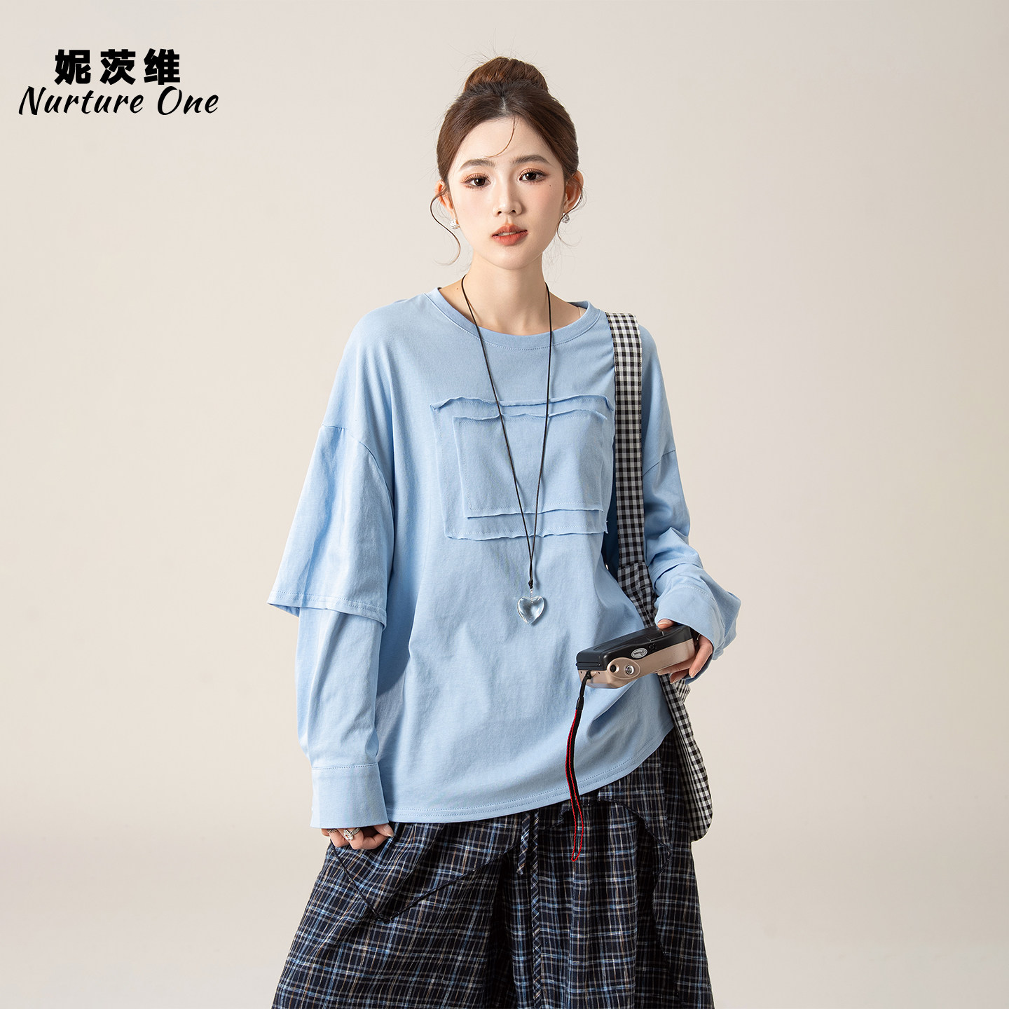 妮茨维【层次蓝衫】浅蓝色假两件拼接T恤女春日穿搭宽松内搭上衣