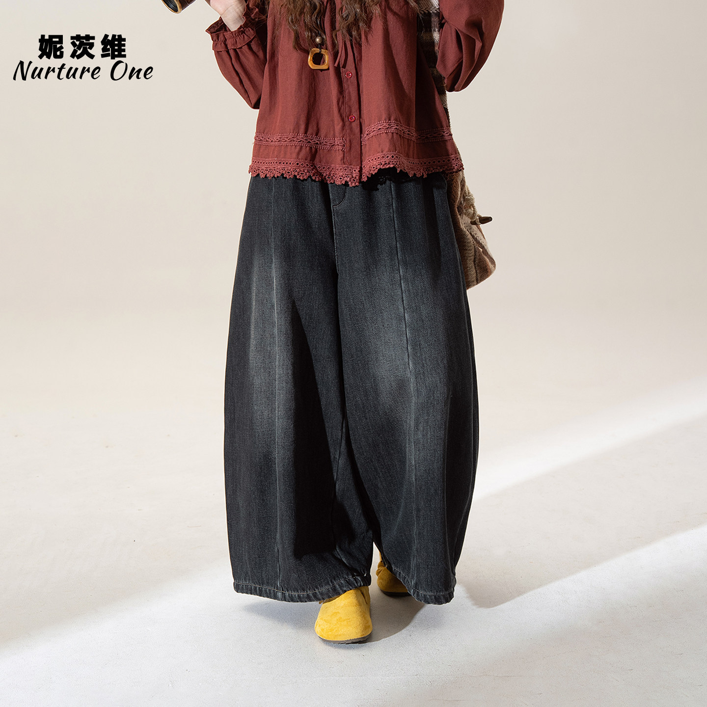 黑色松紧高腰显瘦灯笼阔腿休闲裤女慵懒风穿搭加绒加厚弯刀牛仔裤