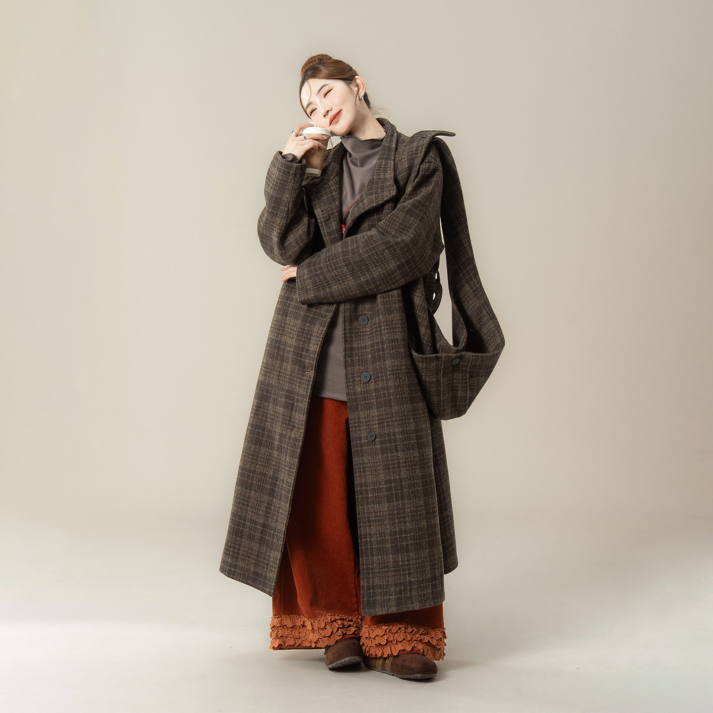 咖色立领单排扣格子毛呢风衣外套女冬季新款港风复古宽松长款大衣,女装/女士精品,毛呢外套,淘宝优惠券,粉丝福利购,淘宝优惠卷