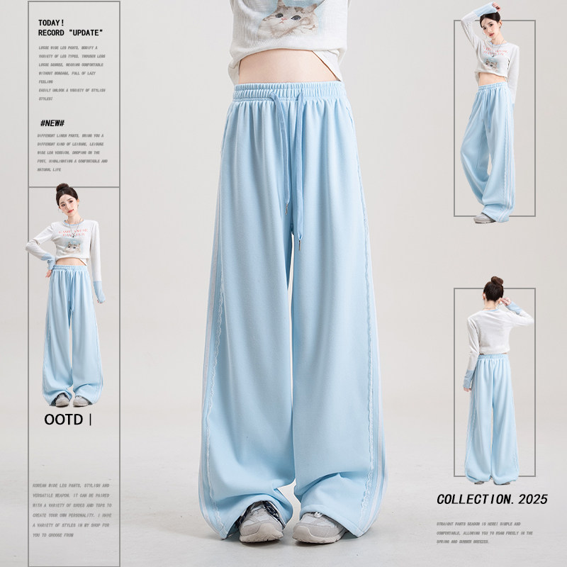 蓝色蕾丝风拼接加绒休闲卫裤女冬季新款高腰抽绳宽松垂感阔腿裤子,女装/女士精品,卫裤,淘宝优惠券,粉丝福利购,淘宝优惠卷