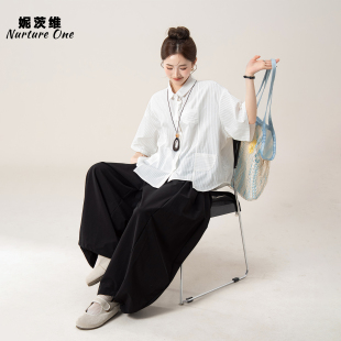 妮茨维【素朴归真】白色翻领短袖衬衫女夏季穿搭不对称拼接短上衣