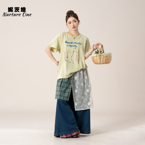 蜡笔印花短袖T恤牛仔裤套装女