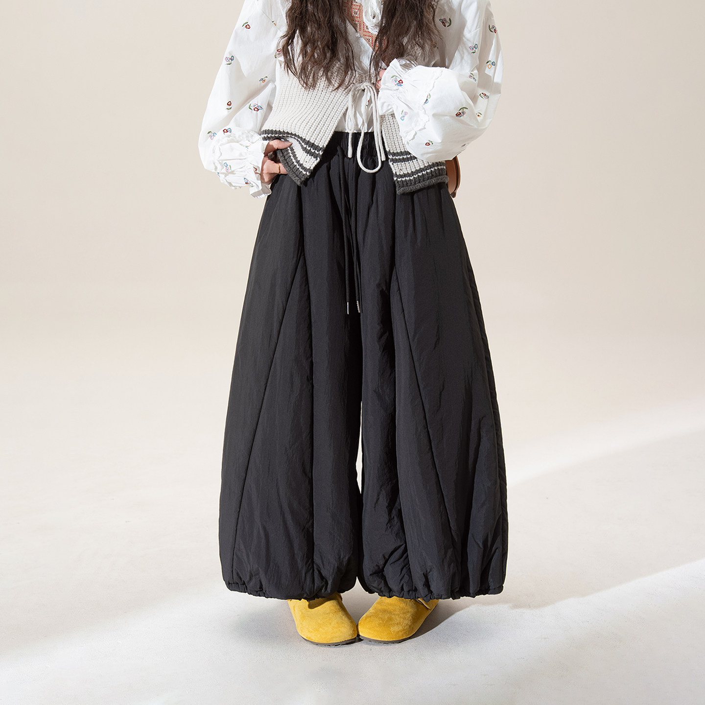 黑色日系夹棉加厚灯笼阔腿裤女冬季新款松紧高腰宽松显瘦休闲棉裤