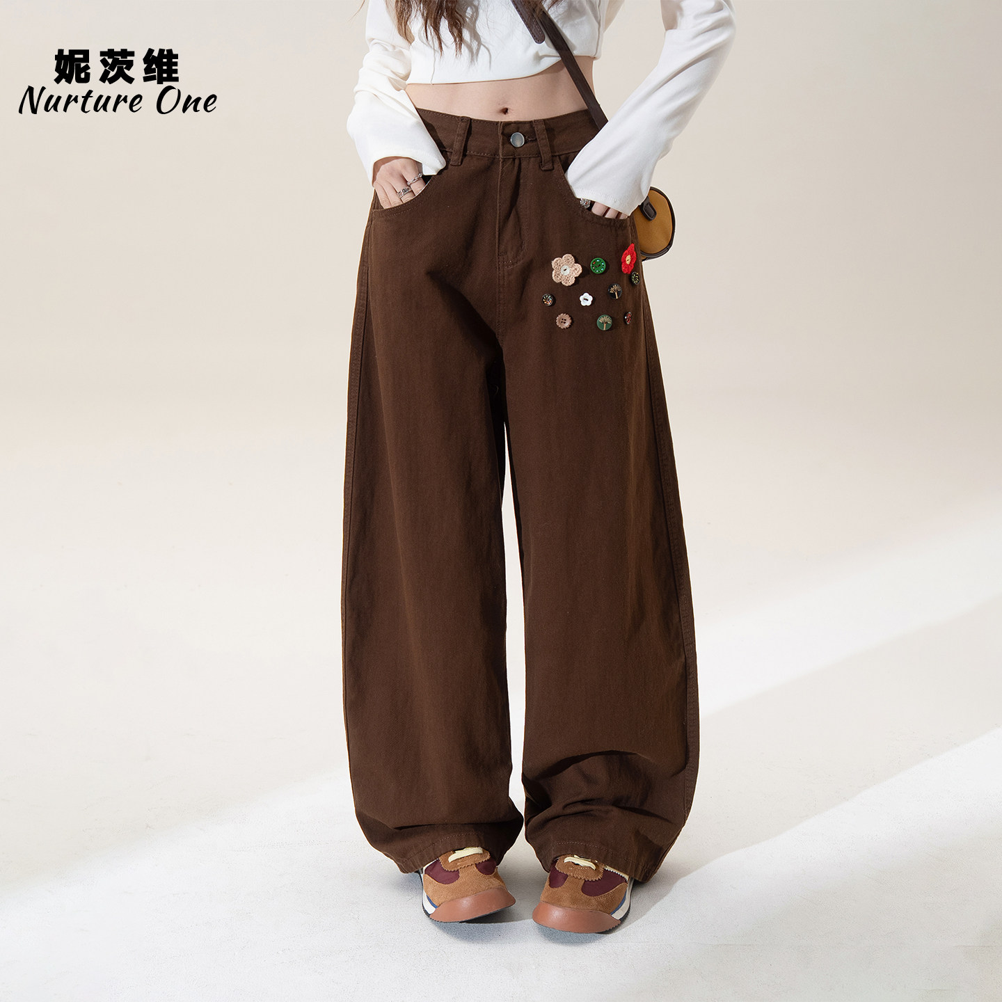 【暖纨缀芳】美拉德花朵纽扣直筒休闲裤女春日穿搭垂感显瘦长裤子