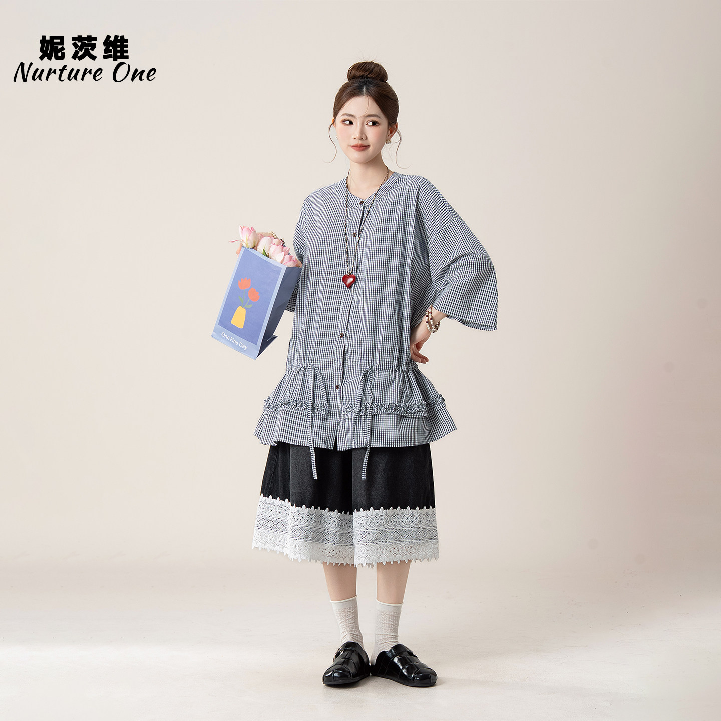 格子花边抽绳衬衫短裤两件套