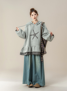 灰色假两件拼接连帽卫衣女春秋新款宽松慵懒松弛感牛仔阔腿裤套装