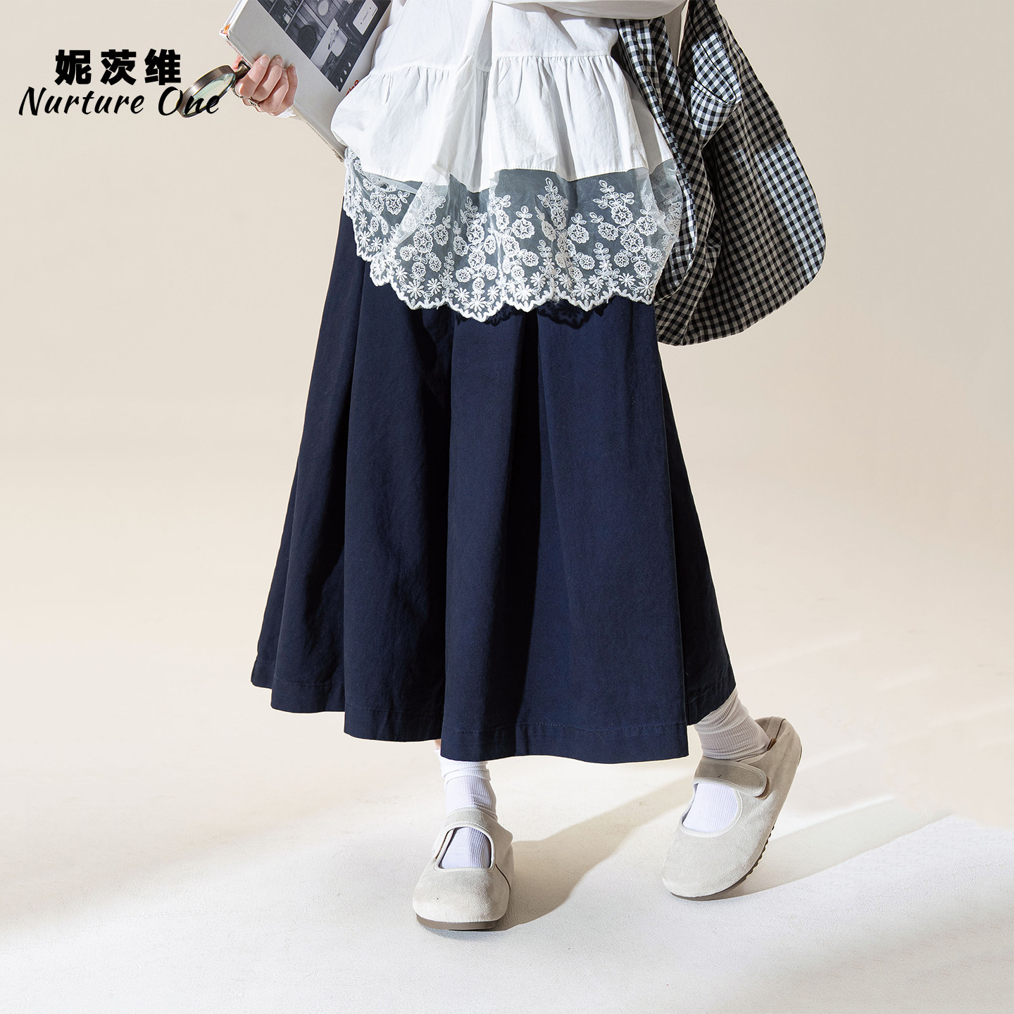妮茨维【伞裙廓形】藏青色松紧腰休闲裤裙女春日穿搭中裤长款短裤