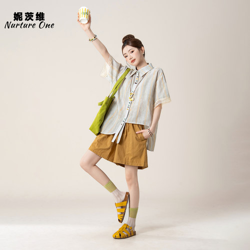 短袖衬衫女度假条纹穿搭短裤套装