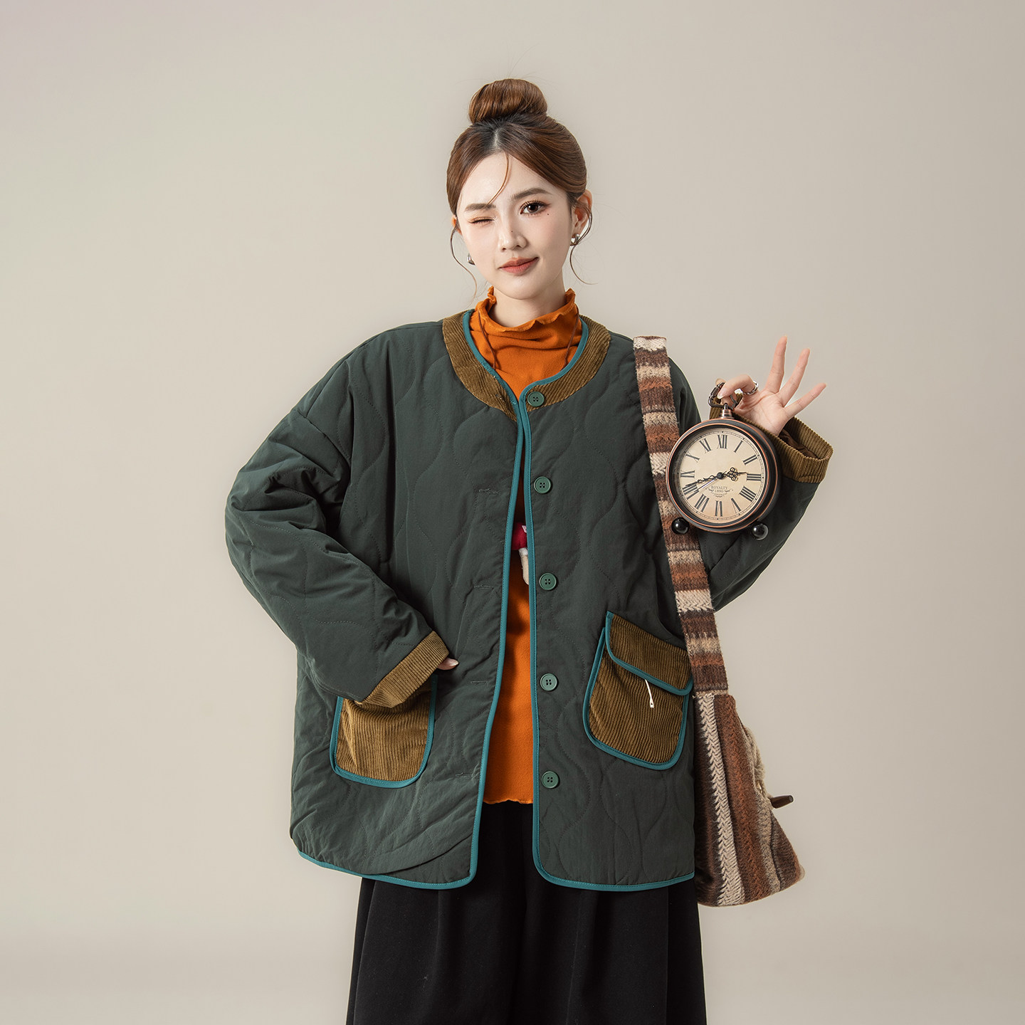 绿色不对称口袋宽松棉服短外套女冬季新款撞色拼接设计感保暖棉衣,女装/女士精品,棉衣/棉服,淘宝优惠券,粉丝福利购,淘宝优惠卷